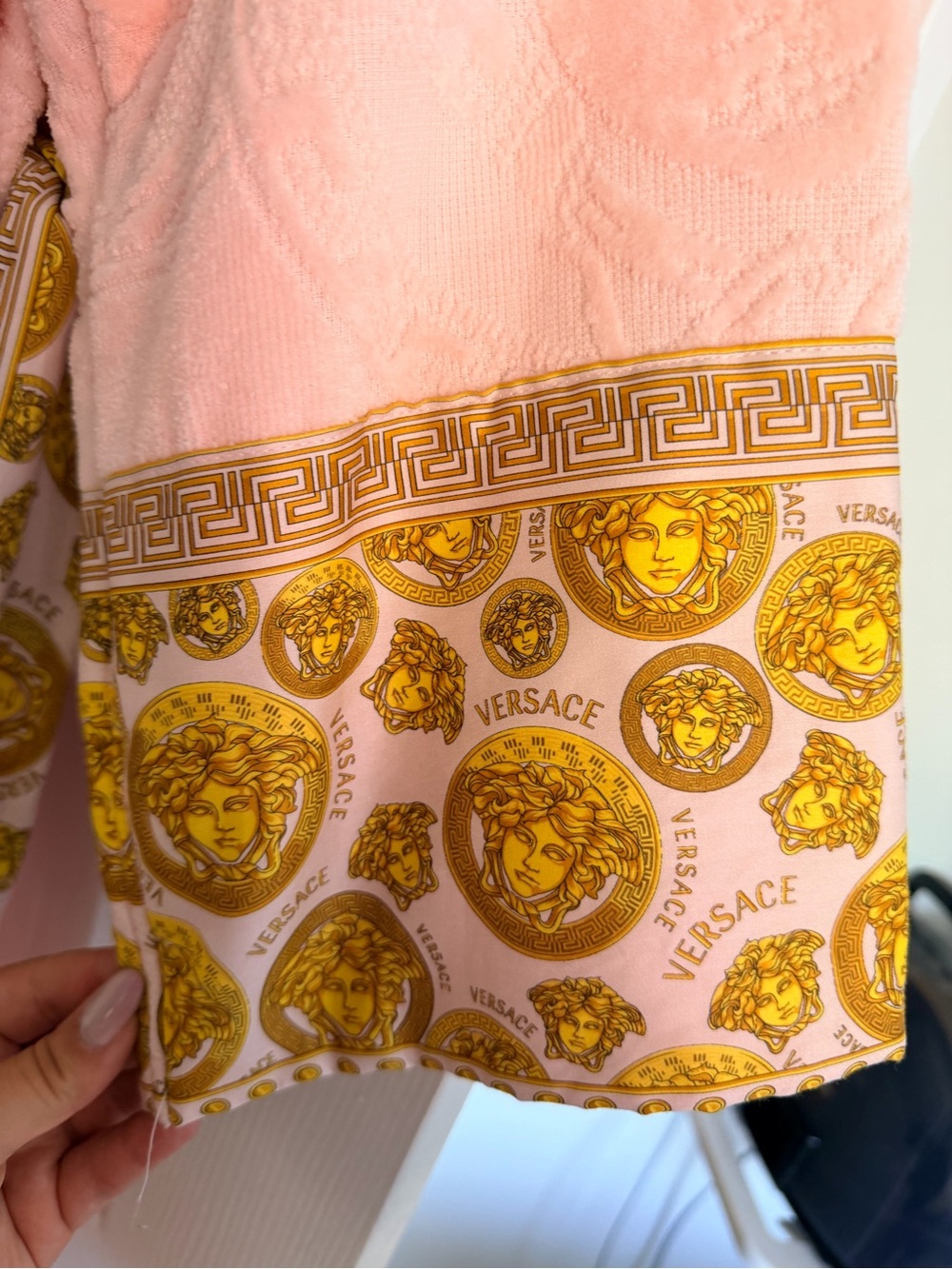 Versace Pink Plush Long Robe with Gold Medallion Trim - Picture 4 of 8